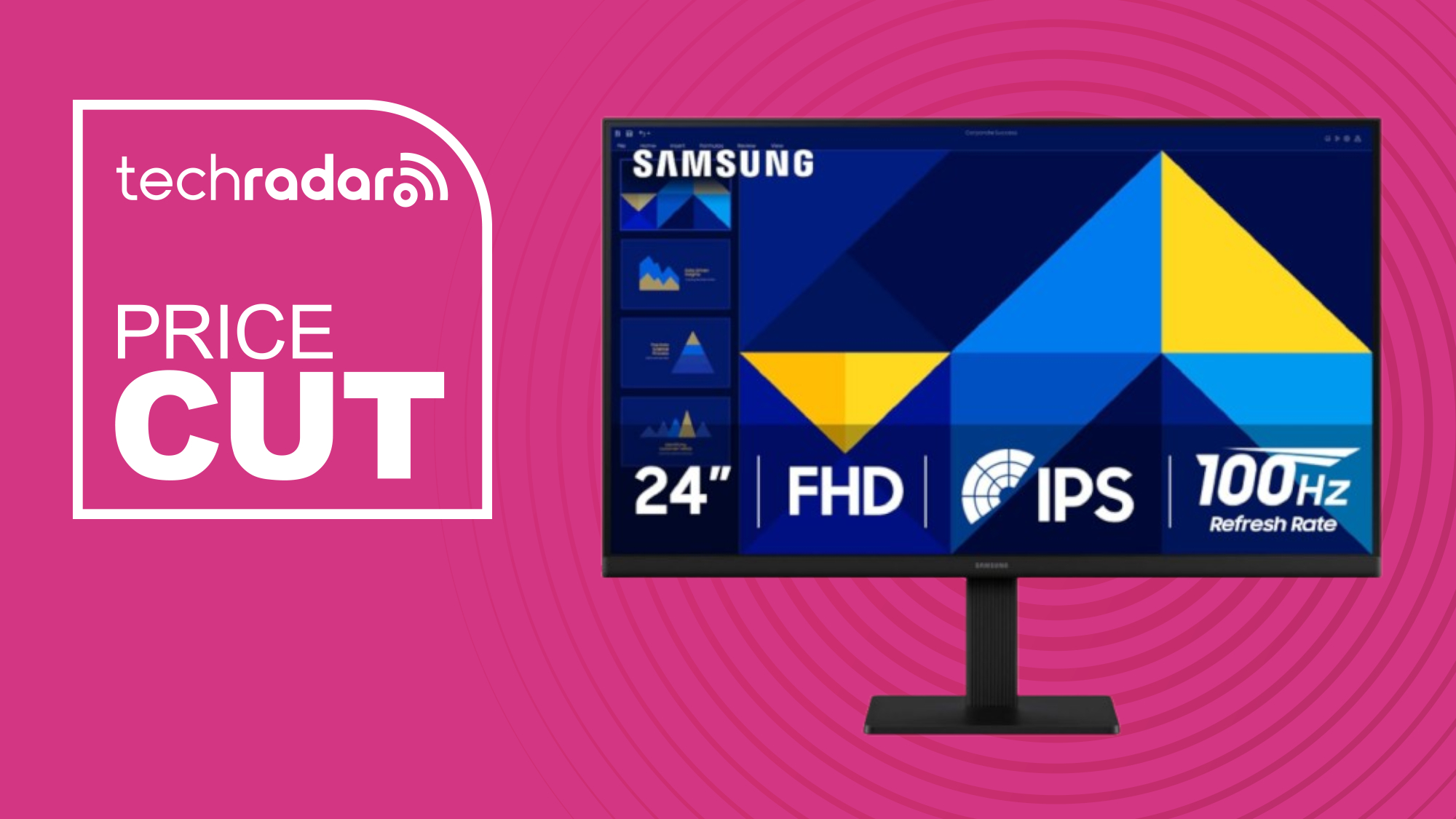 Samsung 24in S30GD monitor on magenta background with price cut text overlay