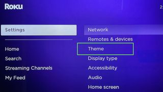 The Themes button is highlighted on the Roku Settings page