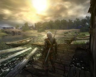 Best Witcher 2 mods — Geralt stands at a dock in Witcher 1