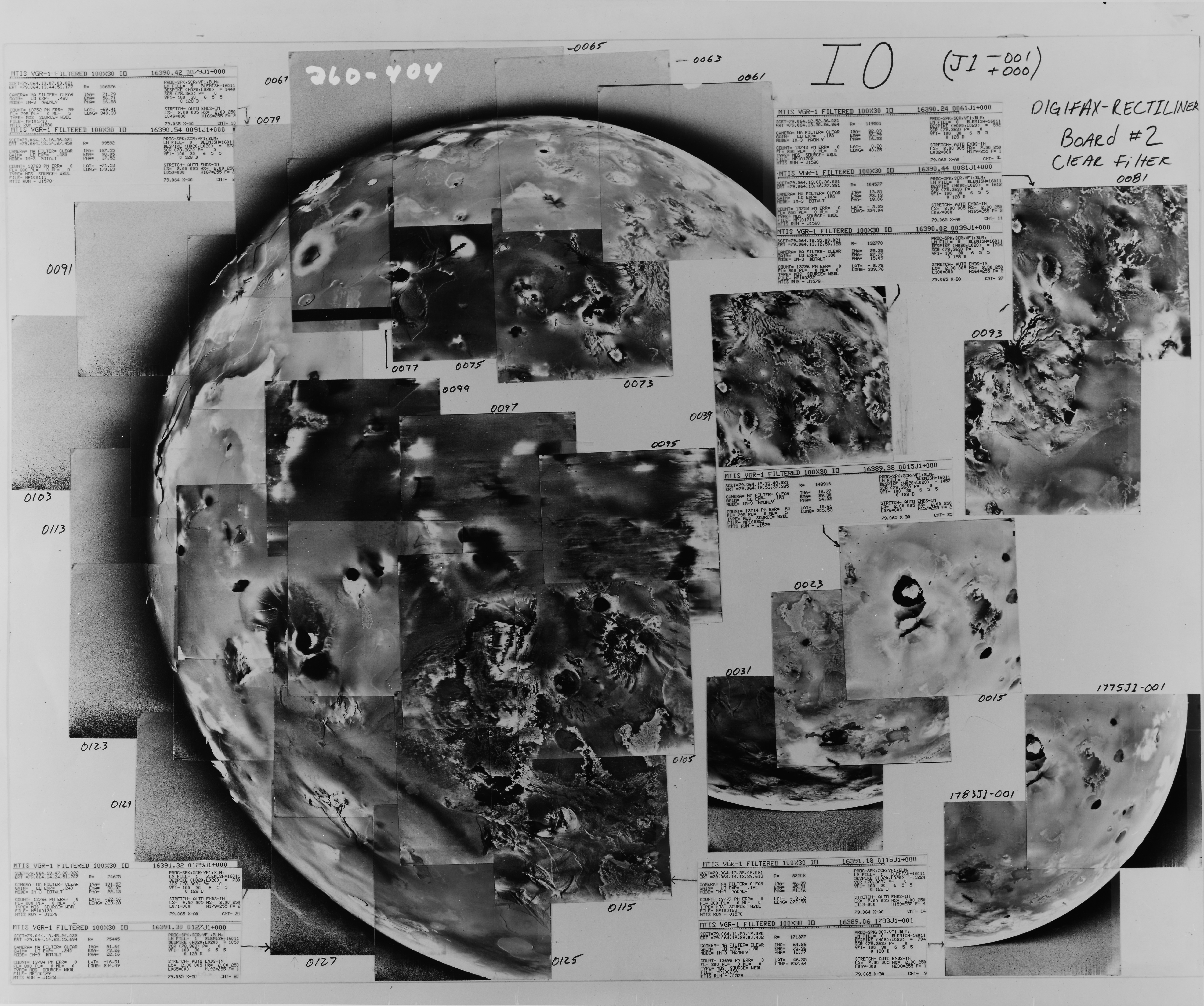 This image shows Jupiter moon Io taken by Voyager 1 in 1979. Voyager probes 1 and 2 visited the Jovian system in 1979, before taking different paths through the outer reaches of the Solar System, studying the giant planet as well as making numerous images of its moons. The relatively narrow field of view, combined with the Voyager probes' close flybys meant that the photos had to be stitched together, which in the days before powerful computer graphics software meant printing them out and sticking them together by hand, like a giant jigsaw puzzle, interspersed with hand-written notes and computer printouts of technical information relating to the photographs.