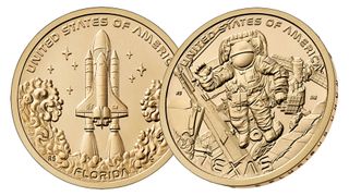 two golden dollar coins are depicted side by side, one with the image of a launching space shuttle and then other with an astronaut floating outside a space station