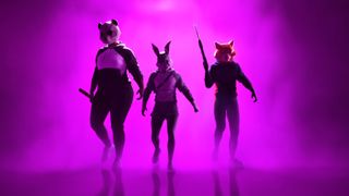 Three characters walking through purple smoke
