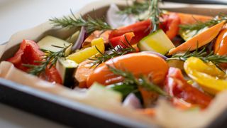 Roast vegetables in tray