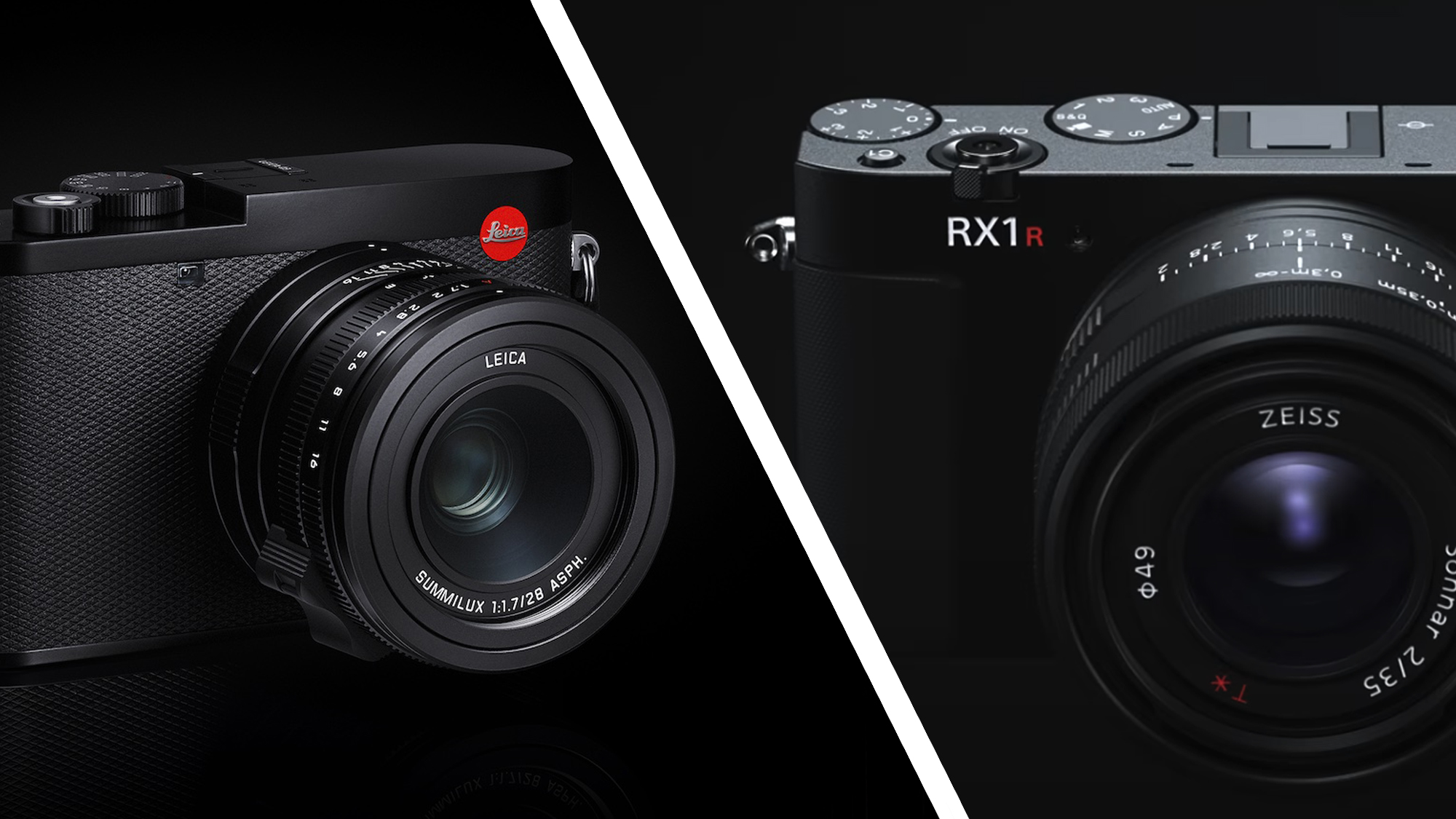 Leica Q3 and Sony RX1R III cameras on a black background