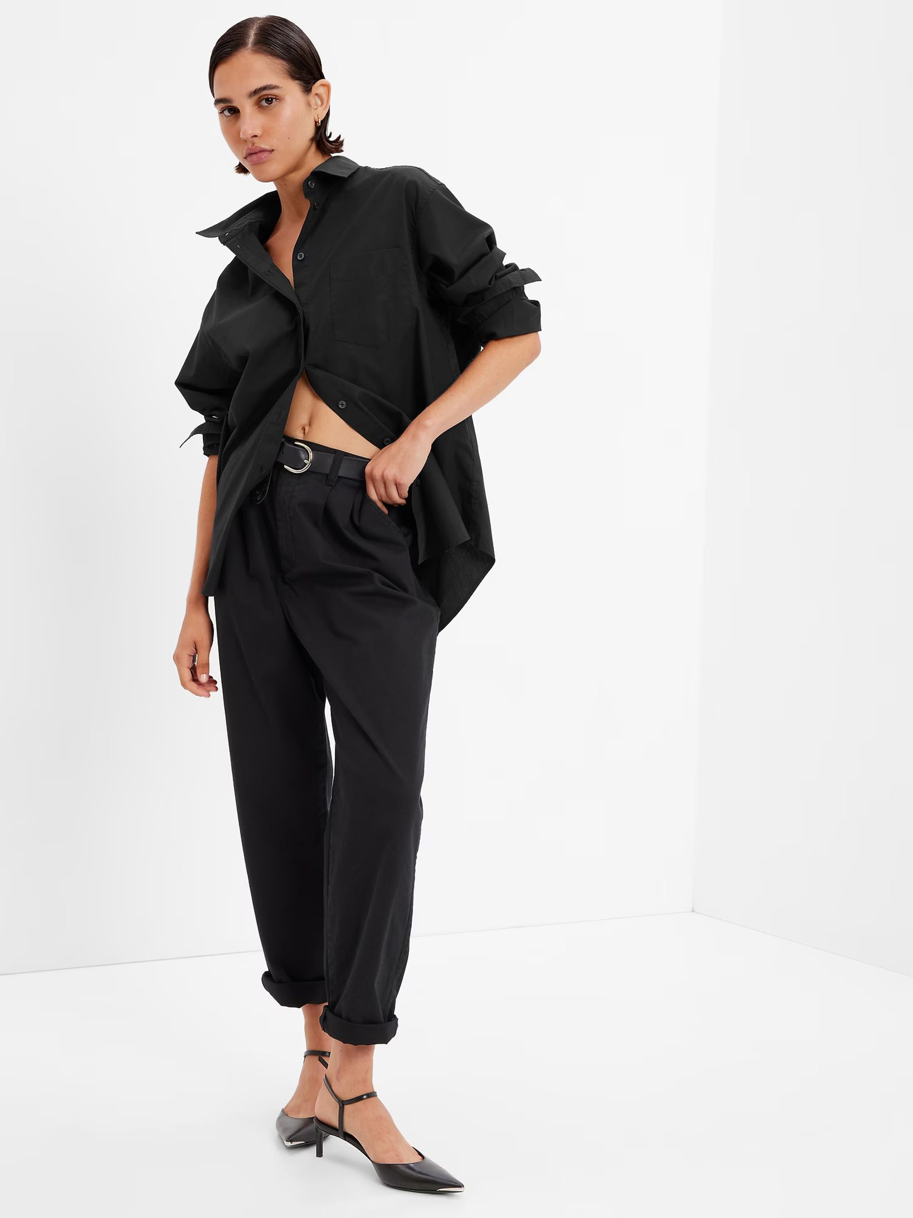 Black Cotton Long Sleeve Oversized Shirt