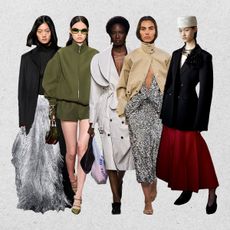 A collage showing long-haul fashion trends shown in the fall 2024 and spring 2025 runway shows of 16Arlington, Gucci, Bottega Veneta, Brandon Maxwell, and Altuzzara 