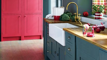 kitchen cabinets and porcelain sink