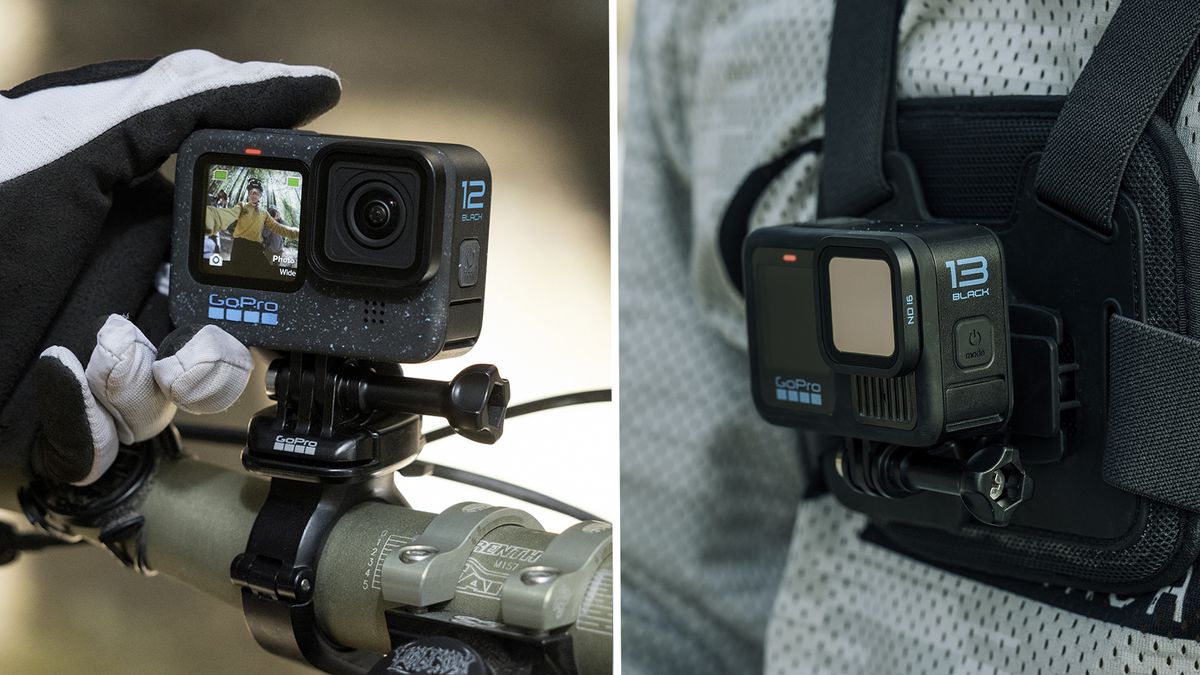 GoPro camera on a bike handlebars next to a go pro camera attached to a chest harness