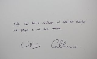 The note left by the Duke and Duchess of Cambridge in a book of condolence for Orlando shooting victims at the US Embass on June 14, 2016 in London, England.