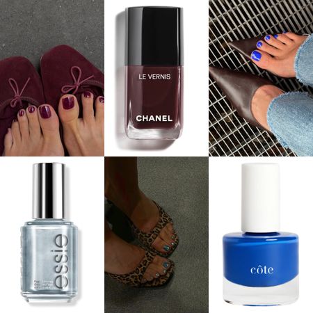 a six-image collage of three fall pedicure inspiration images alongside three fall nail polish shades 