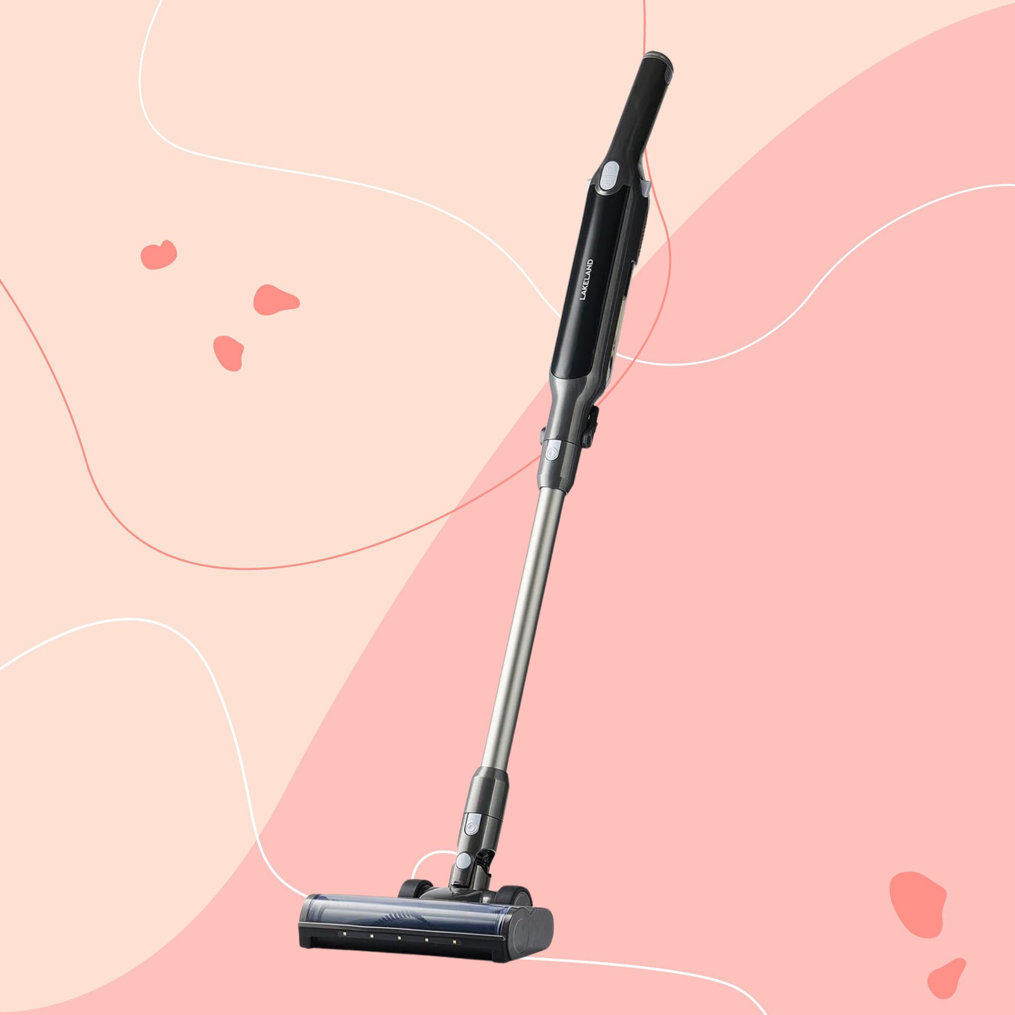 Lakeland lightweight 2-in-1 cordless vacuum cleaner on a pink background