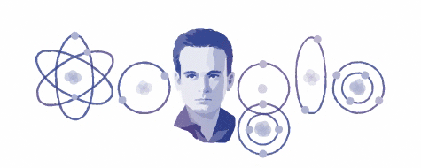 Today's Google Doodle shows C&eacute;sar Lattes surrounded by atoms.