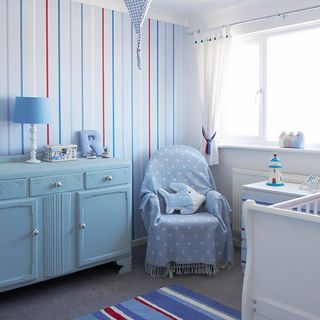 childs bedroom with blue dresser and white cot bed