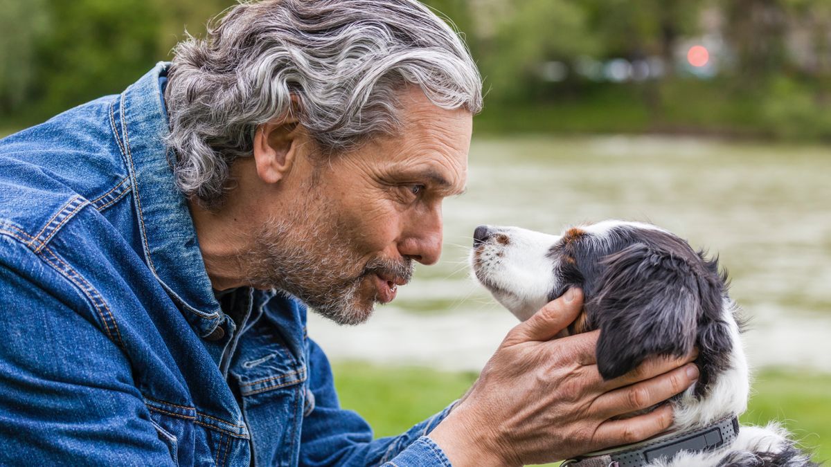 Man and his dog staring into each others eyes