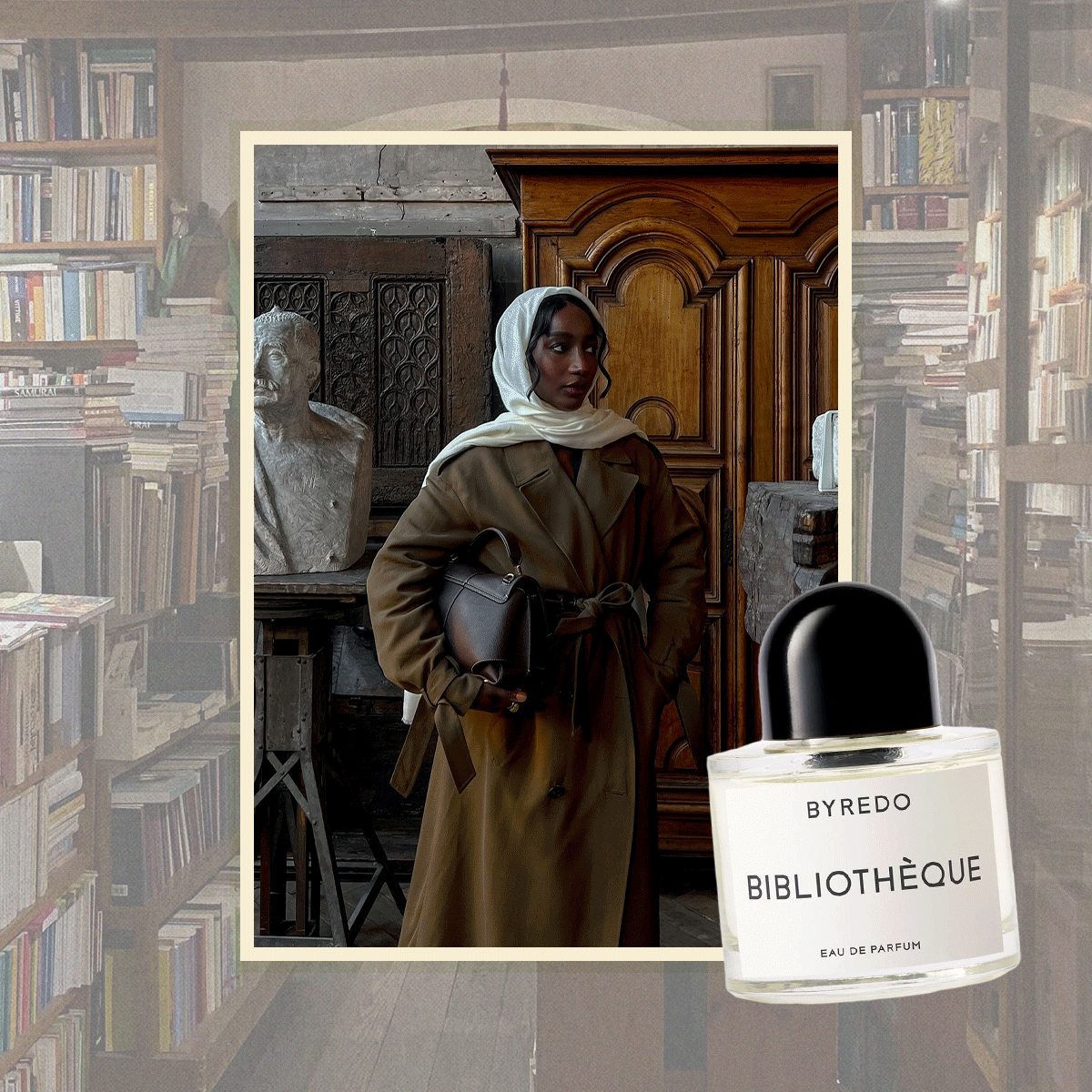 A dark academia-inspired gif of people wearing fall layers in museums, cities, and bookstores with highlighted fragrances overlaid.