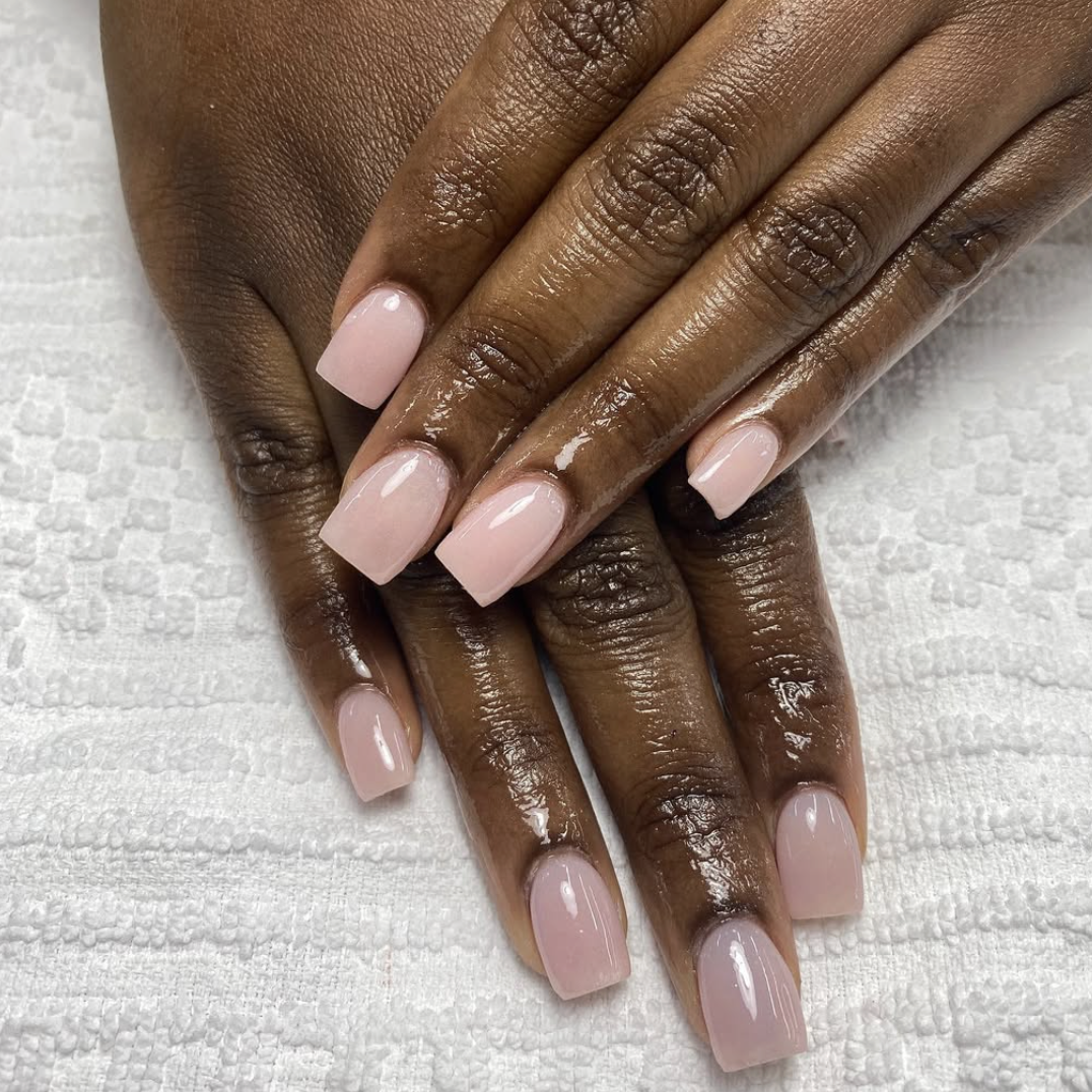 A milky pink engagement manicure.