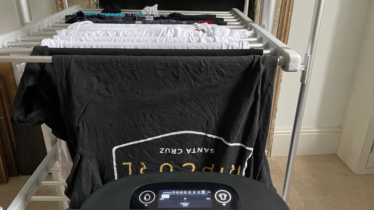 MeacoDry Arete Two 18L Dehumidifier &amp; Air Purifier drying laundry