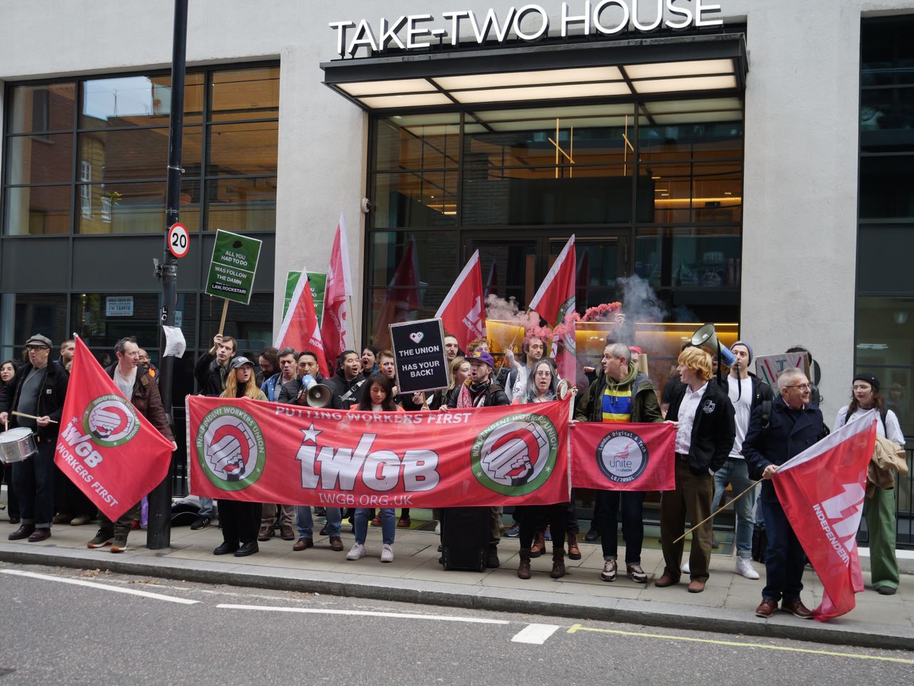Protestors outside Take-Two's office.