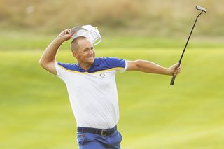 Alex Noren celebrates holing a putt at the 2018 Ryder Cup