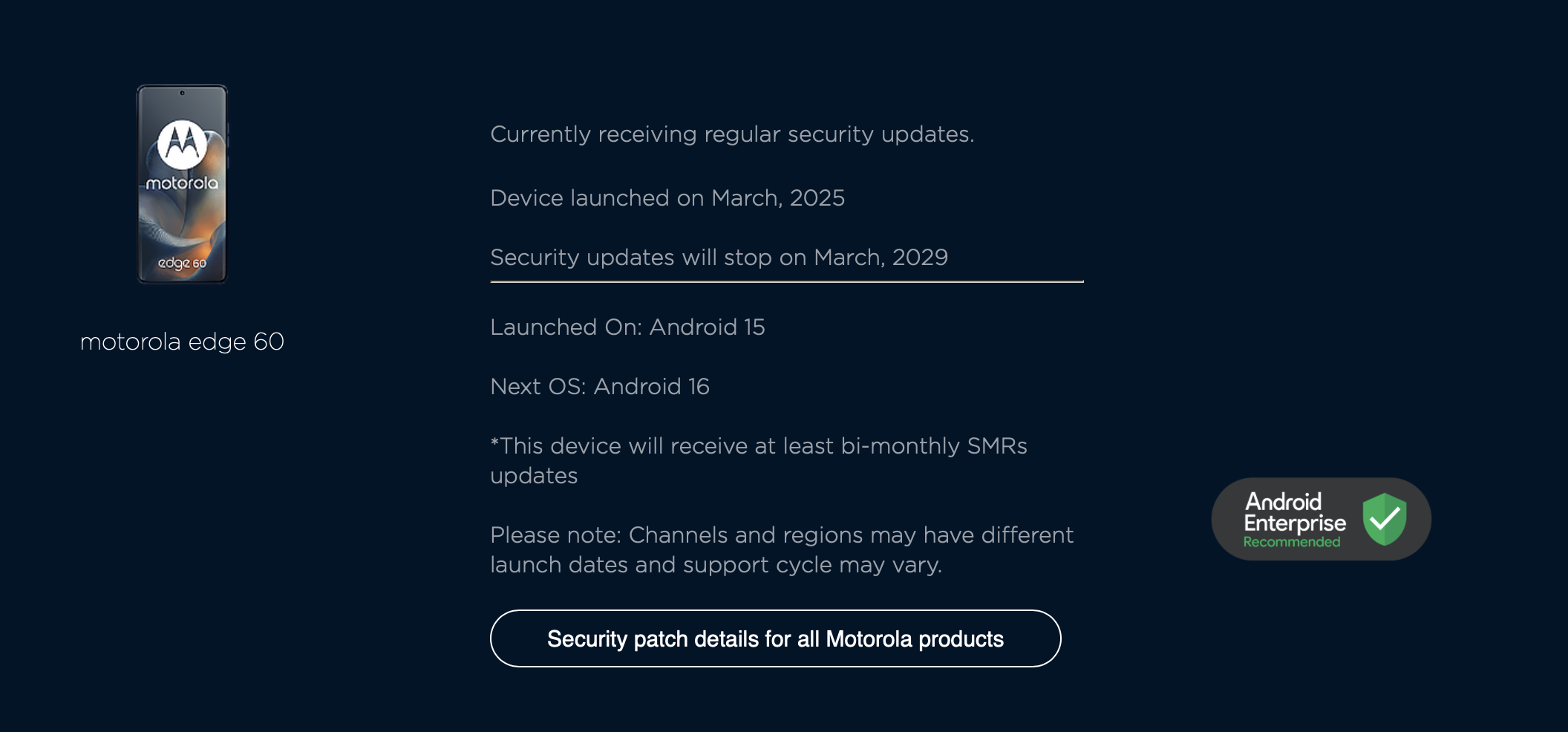 A screenshot of Motorola's software support page for the Motorola Edge 60.