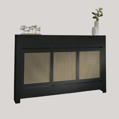 Duratherm&amp;reg; Radiator Cover Black Painted and Rattan Mdf Cabinet Horizontal Slat Storage Drawers &amp;amp; Shelf, Radiator Cabinets for Office Hallway Living Room Bedroom, Large (h: 150cm / W: 96cm / D: 19cm)