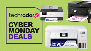Two Epson printers and a HP printer on a light green background next to a TechRadar badge reading 'Cyber Monday deals'