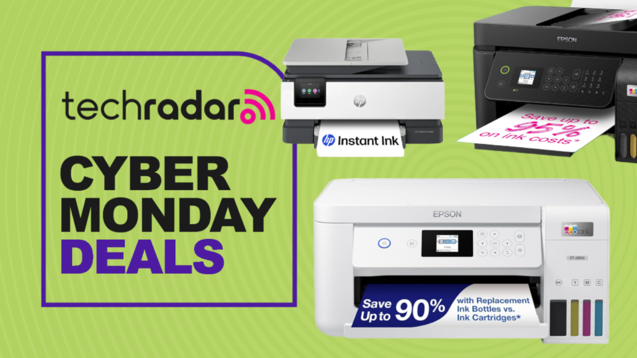 Two Epson printers and a HP printer on a light green background next to a TechRadar badge reading &#039;Cyber Monday deals&#039;