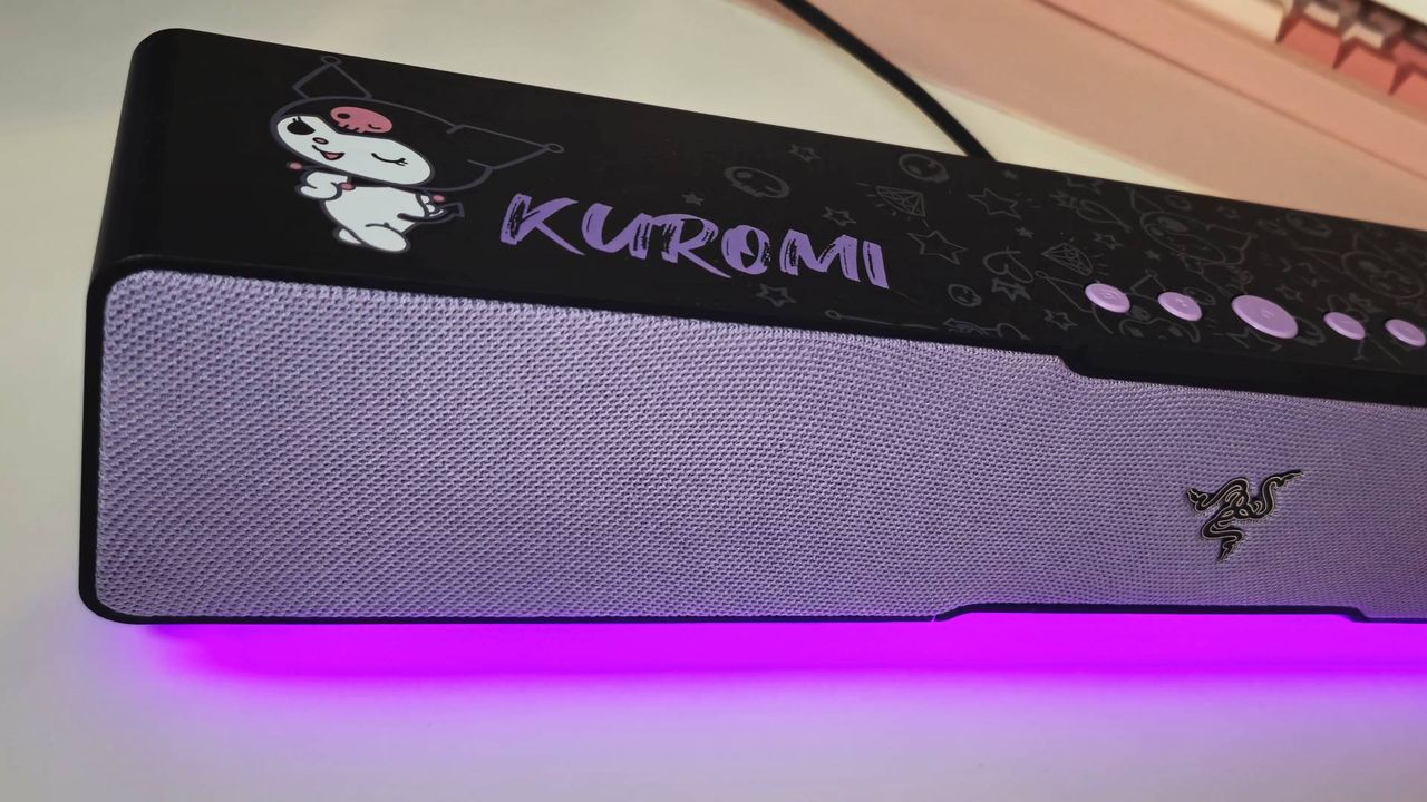 Photo taken by writer Rosalie Newcombe of the Razer Leviathan V2 X Kuromi Edition sound bar., sitting on a white desk.