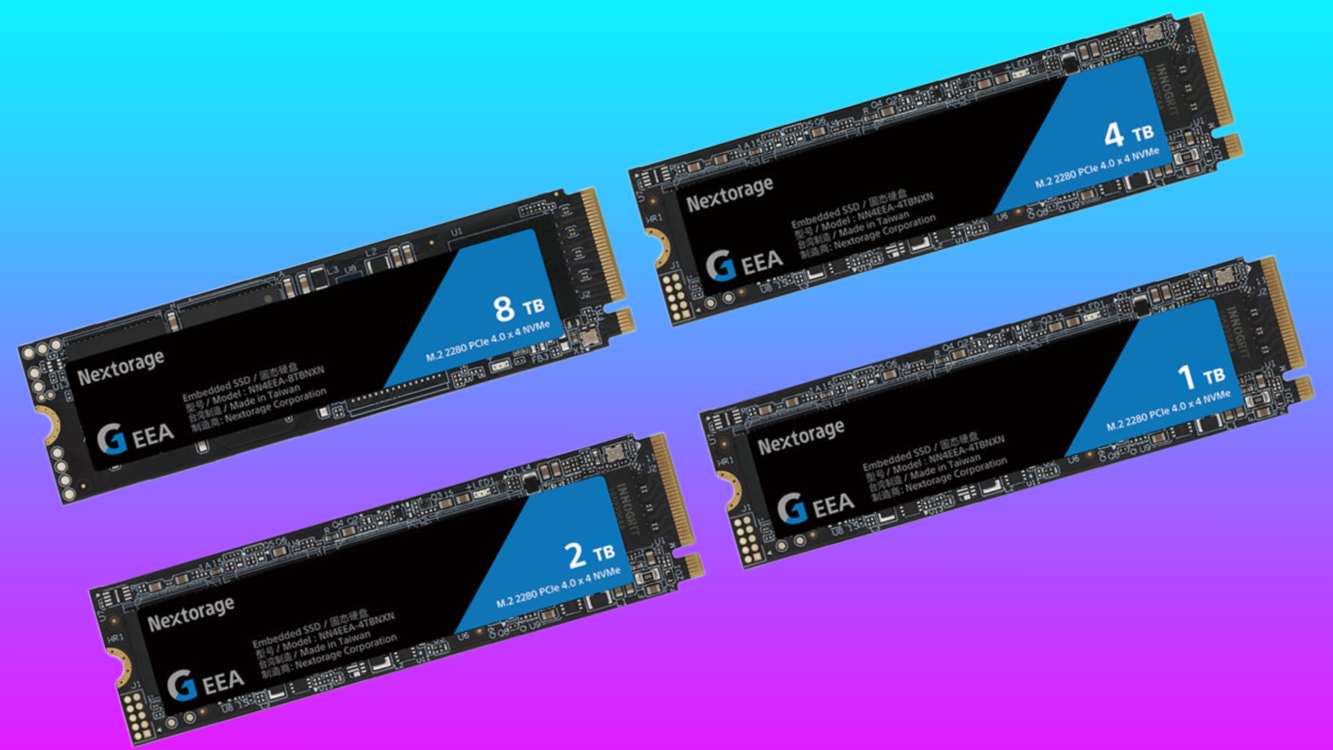 Four of the Nextorage G Series EEA gaming SSDs float in a blue-to-pink gradient void.