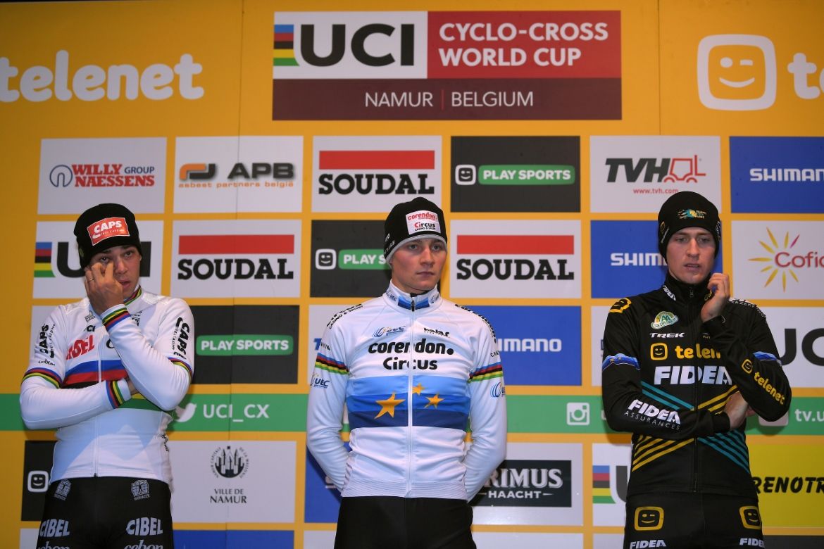 The Namur podium: (L-R) Wout van Aert, Mathieu van der Poel and Toon Aerts