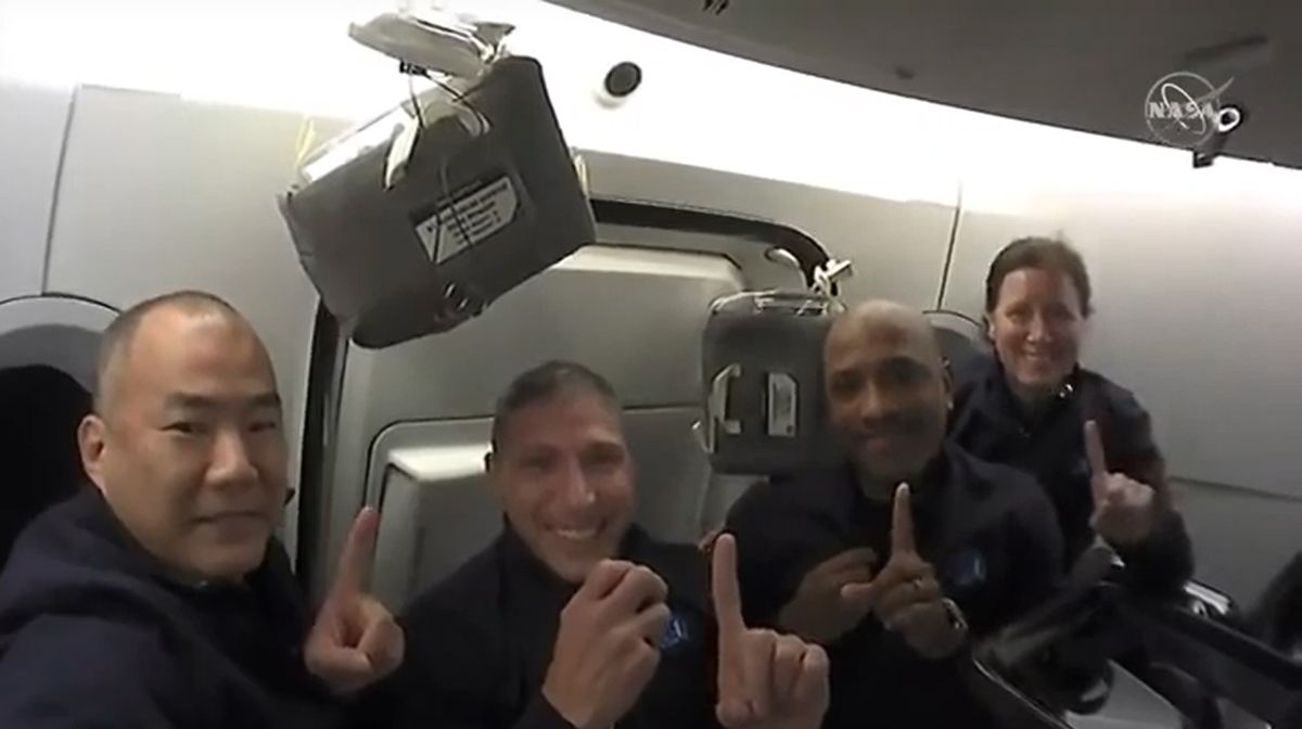 The four astronauts of NASA's Crew-1 mission are seen during a video tour of their SpaceX Crew Dragon Resilience on Nov. 16, 2020 ahead of docking at the International Space Station.