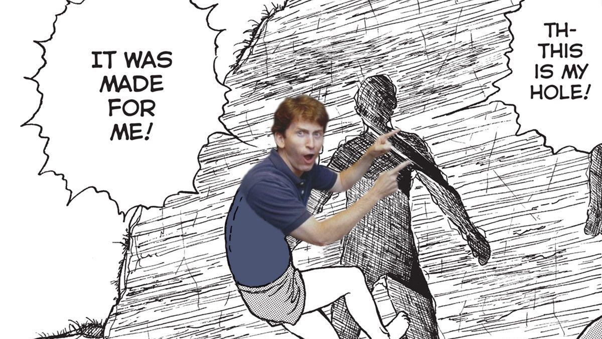 Todd Howard pointing and looking excited edited onto a Junji Ito comic panel exclaiming &quot;Th-this is my hole! It was made for me!&quot; while climbing into a hold shaped like a human.