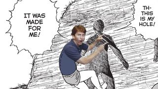 Todd Howard pointing and looking excited edited onto a Junji Ito comic panel exclaiming "Th-this is my hole! It was made for me!" while climbing into a hold shaped like a human.