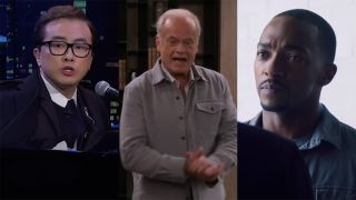Bowen Yang on SNL next to Kelsey Grammer in Cheers reboot next to Anthony Mackie looking at camera in Falcon and the Winter Solder.