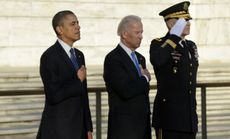 President Obama and Vice President Biden participate in a wreath-laying ceremony at the Tomb of the Unknown Soldier in Arlington National Cemetery.