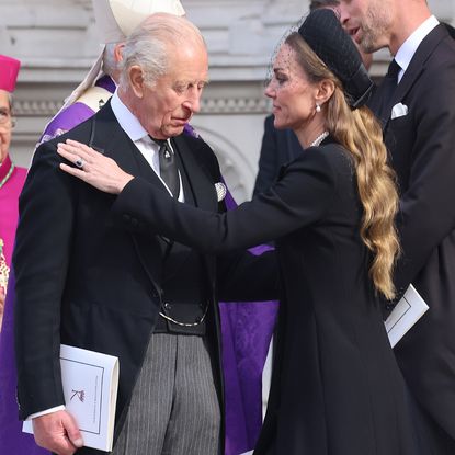 LONDON, ENGLAND - SEPTEMBER 16: Catherine, Princess of Wales and King Charles III at the Requiem Mass service for the Duchess of Kent at Westminster Cathedral on September 16, 2025 in London, England. Katharine, Duchess of Kent was married to Prince Edward, Duke of Kent, the first cousin of Queen Elizabeth II. She died on September 4 at the age of 92 at Kensington Palace surrounded by her family. Having converted to Catholicism in 1994, her funeral takes place at Westminster Cathedral and is the first Catholic funeral to be held for a member of the royal family in modern British history. Her Royal Highness will be laid to rest at the Royal Burial Ground at Frogmore, Windsor. (Photo by Neil Mockford/GC Images)