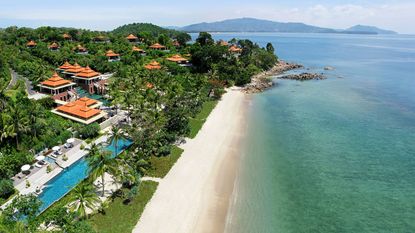 Aerial shot of the beach at Trisara