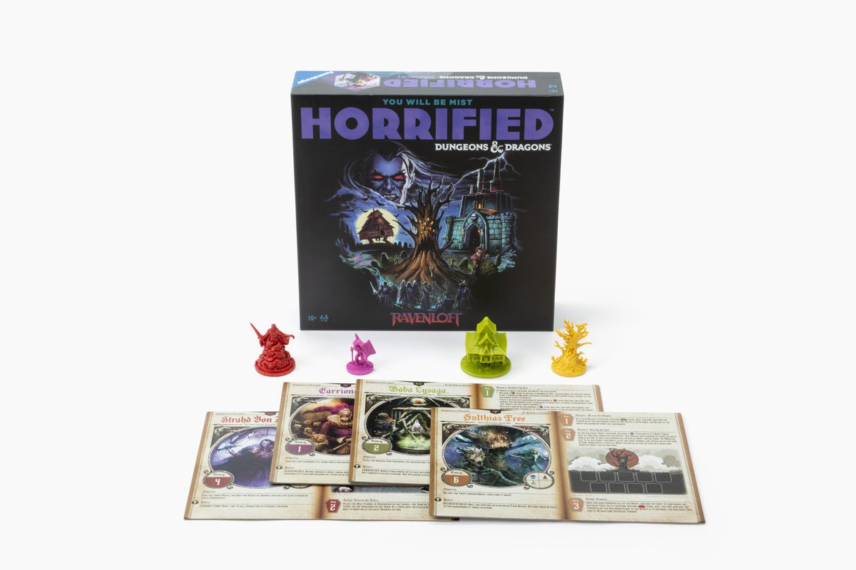 Horrified: Dungeons &amp; Dragons - Ravenloft box, tokens, and cards laid out on a plain background