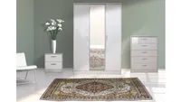 Hokku Designs Khabat Bedroom Set, white gloss with mirrored-door wardrobe