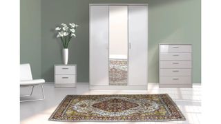 Hokku Designs Khabat Bedroom Set, white gloss with mirrored-door wardrobe
