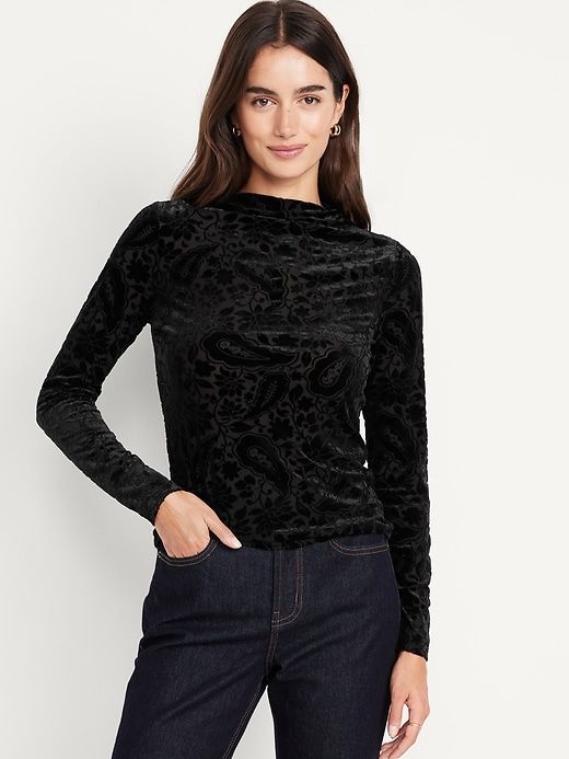 Mock-Neck Long-Sleeve Velvet Top
