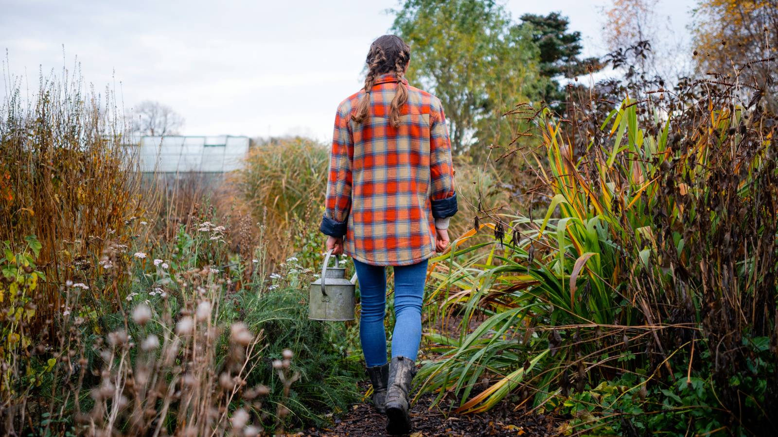 The back of a woman in flannel walking through a garden