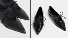 Max Mara black tapered ballet flats alongside M&S lookalike shoes with bow detail