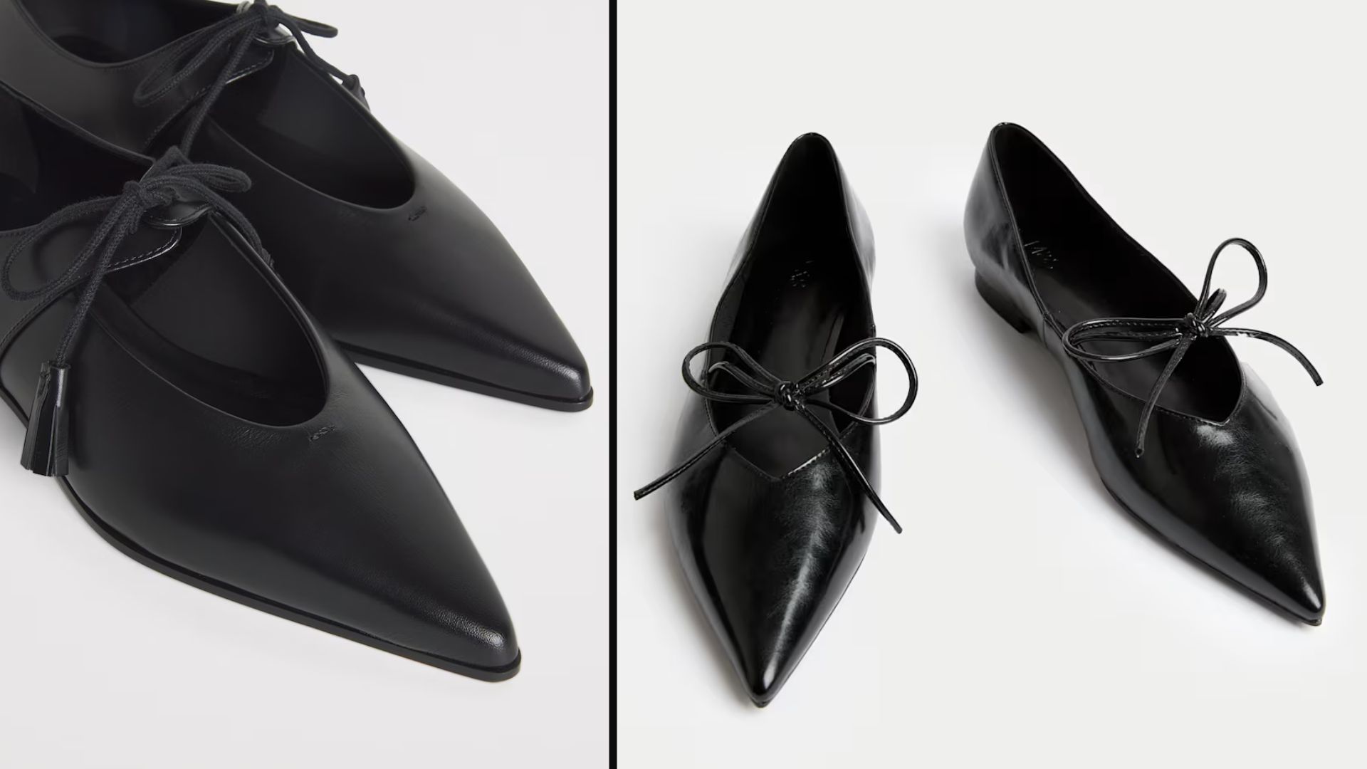 Max Mara black tapered ballet flats alongside M&amp;S lookalike shoes with bow detail