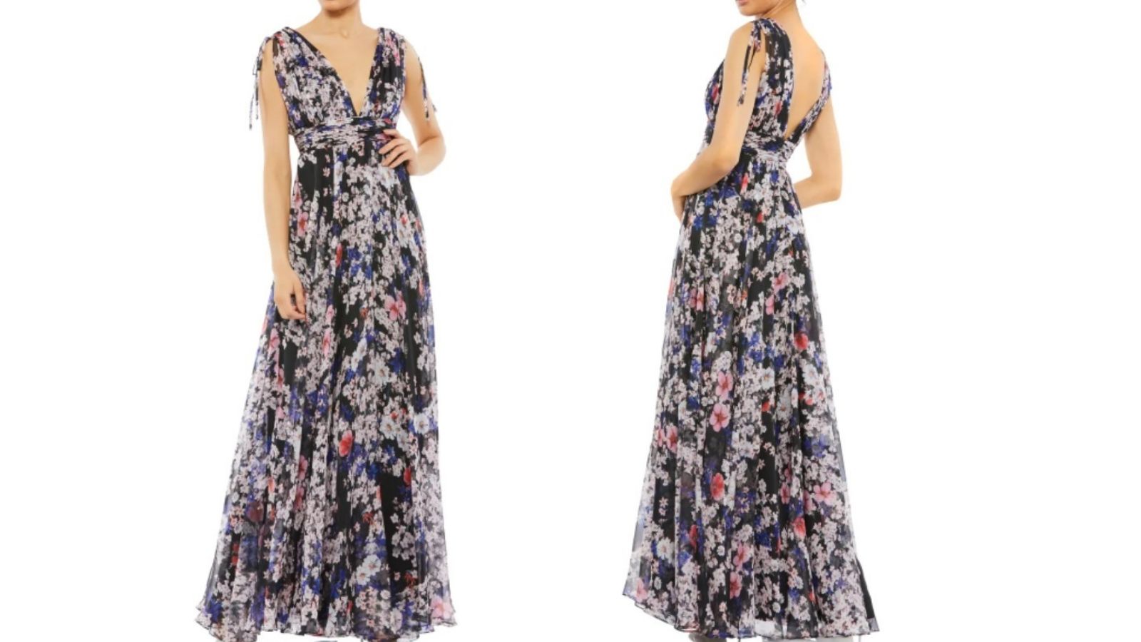 front and back of model wearing floral empire line dress