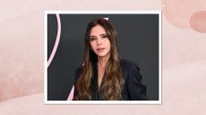 Victoria Beckham is pictured with long wavy hair and wearing a black blazer at the premiere of "Lola" held at the Regency Bruin Theatre on February 3, 2024 in Los Angeles, California/ in a pink gradient template