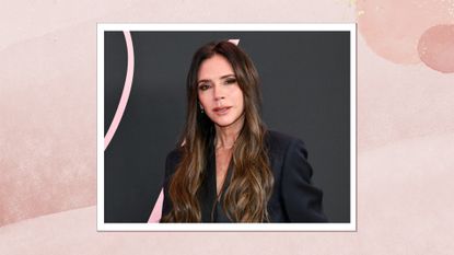 Victoria Beckham is pictured with long wavy hair and wearing a black blazer at the premiere of "Lola" held at the Regency Bruin Theatre on February 3, 2024 in Los Angeles, California/ in a pink gradient template
