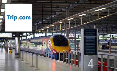 trip.com logo top left with a picture of a train