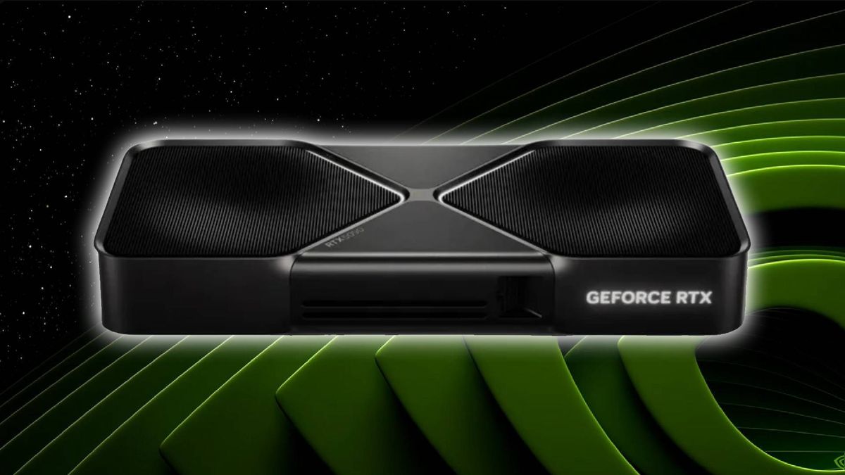 Nvidia GeForce RTX 5090 graphics card with glowing edges and green logo in backdrop