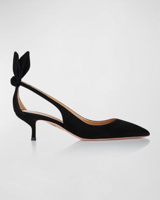 Suede Knotted Bow Kitten-Heel Pumps